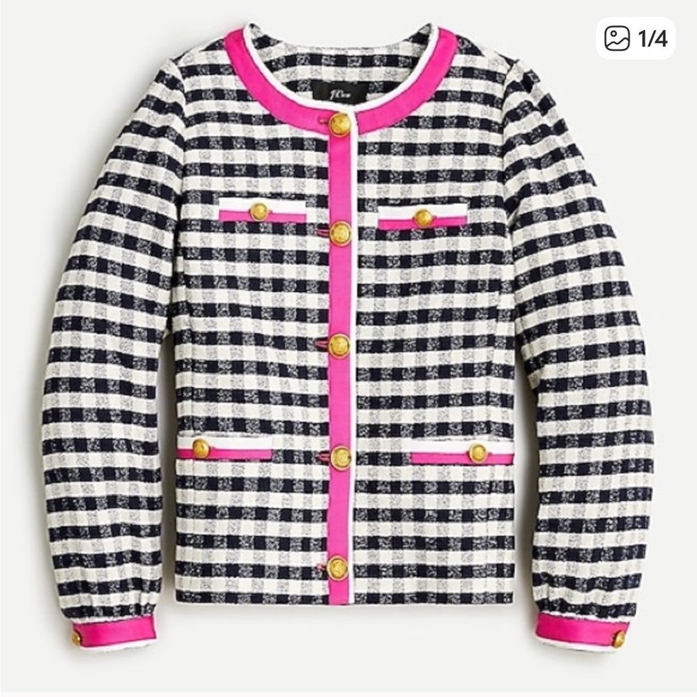 NWT J.Crew Grosgrain Navy Ivory Pink Check Gingham Tweed Lady Jacket